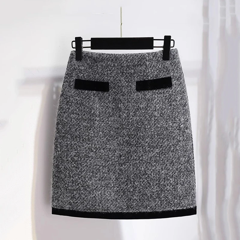 Two Piece Short Skirt Set for Autumn Doll collar Elegant Short Tweed Jacket Coat With High Waist Split Skirt Women