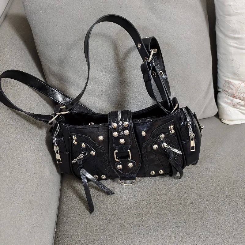 

Сумка-тоут с леопардовым принтом Y2K и мотоциклетная сумка с крокодиловым принтом, черная сумка через плечо с заклепками и множеством карманов, сумка в стиле панк с бахромой