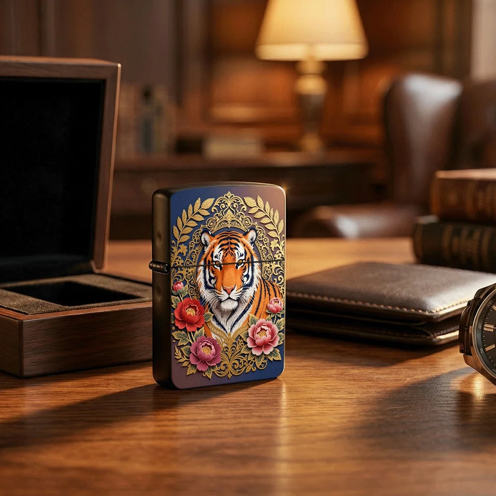 Vintage Flip Top Lighter lighters vintage Papercut Tiger Head Peony Flower Golden Ornate Frame Folk Print lighters for smokers