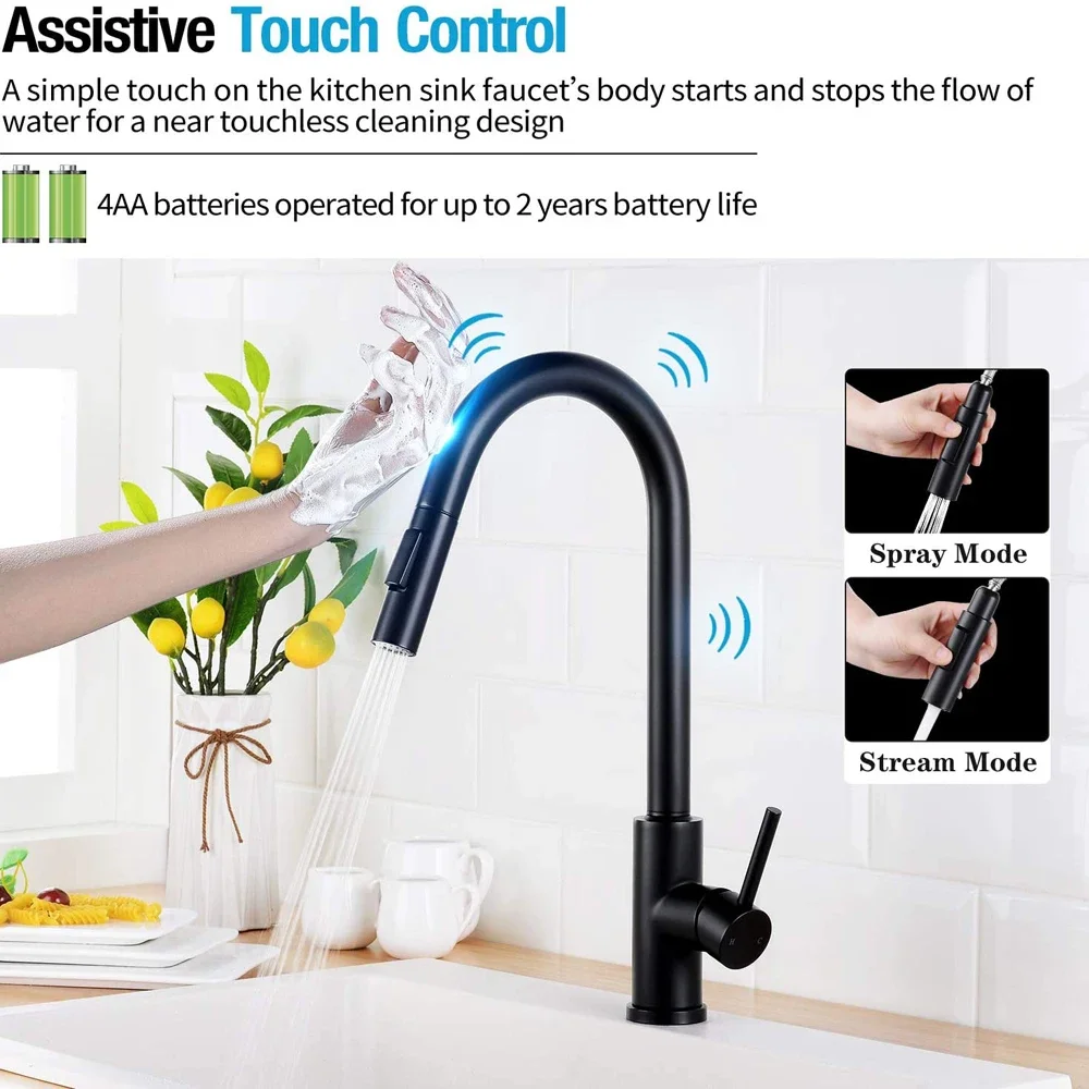 Touch Activated Kitchen Faucets with Pull Down Sprayer Smart Faucet for  Sinks 304 Stainless Steel,Matte Black