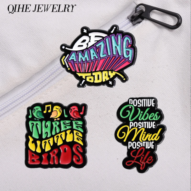 Funny Colorful Text Brooch Enamel Pins Custom AMAZING Three Little Birds Sings Brooches Shirt Lapel Badges Cartoon Jewelry Gifts