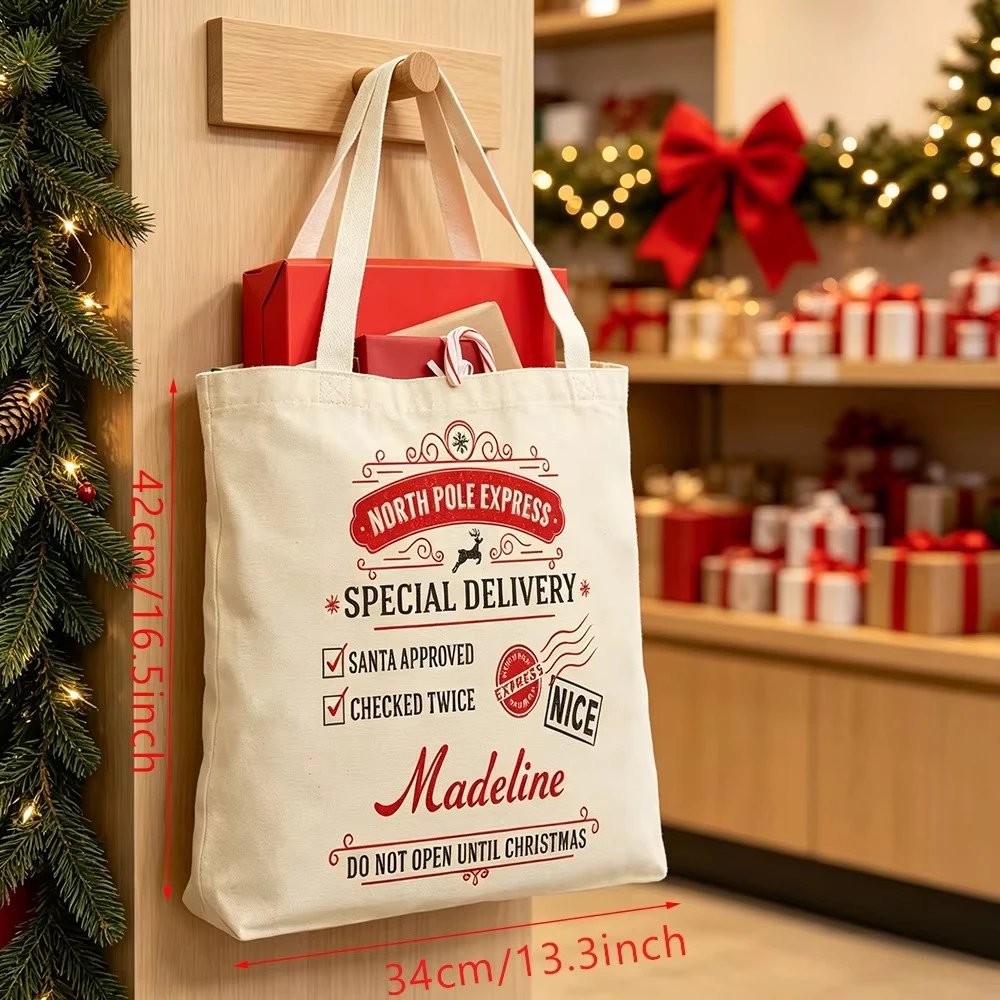 Personalized Name Christmas Special Delivery Canvas Tote Bag Custom Santa Reindeer Sacks Xmas gift Christmas Party Presents