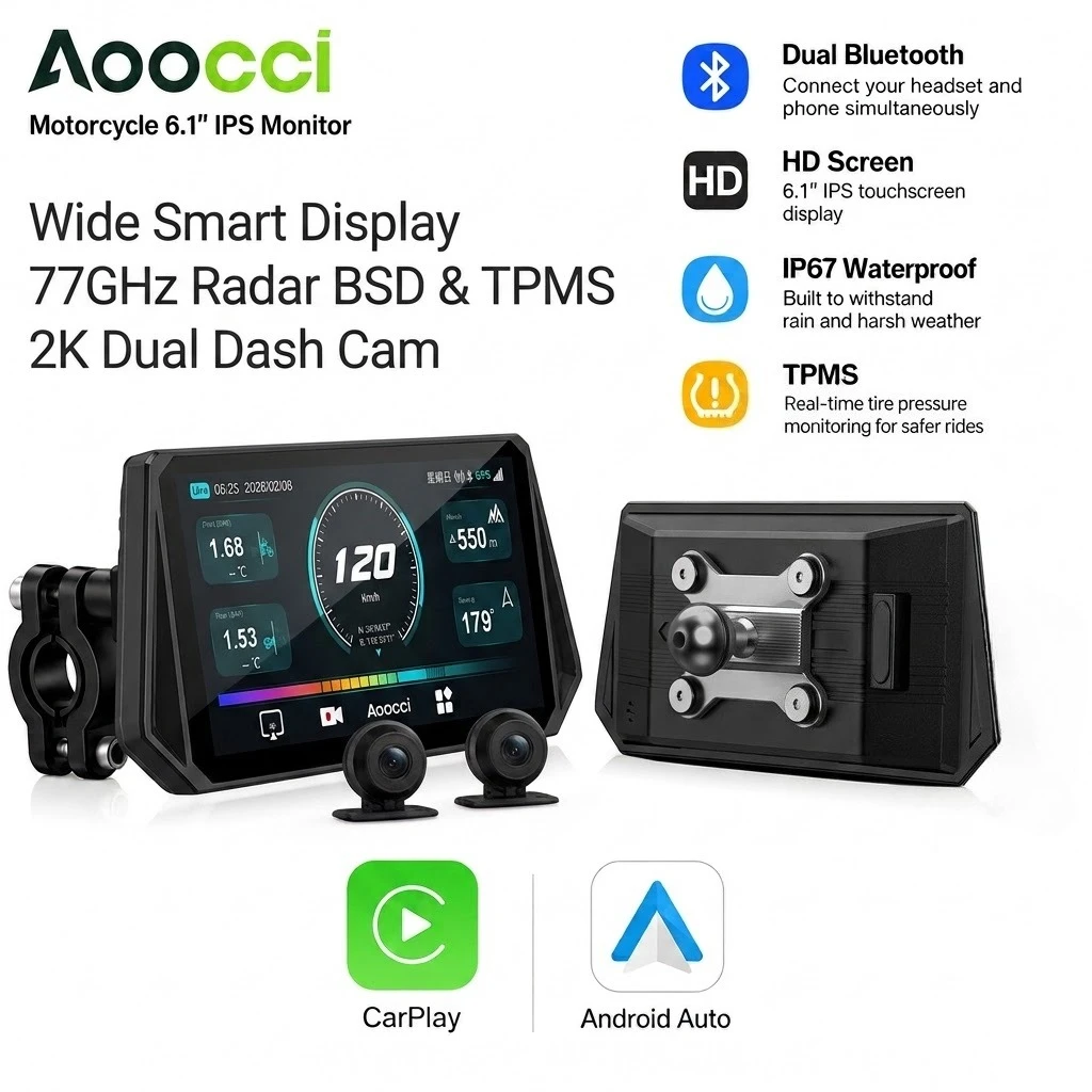 Aoocci D6A 6 pulgadas GPS Carplay para Motocicleta, CarPlay Inalámbrico y Android Auto, Navegación GPS para Moto, Cámara HD para Tablero, Radar de 77GHz, BSD y TPMS
