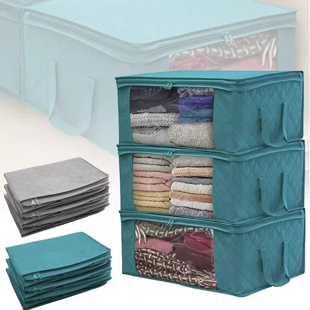 Clothing Storage Box Foldable Cotton Quilt Organizer Box Transparent Wardrobe Large Capacity Closet Pouch Dustproof Storage Bag