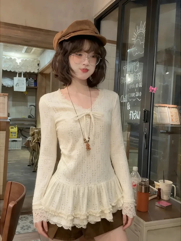 

plus Size Lace Splice Knot V-Ne Slim Fit Base irt Autumn Winter New Sle Korean Version Commute Wind Women Top