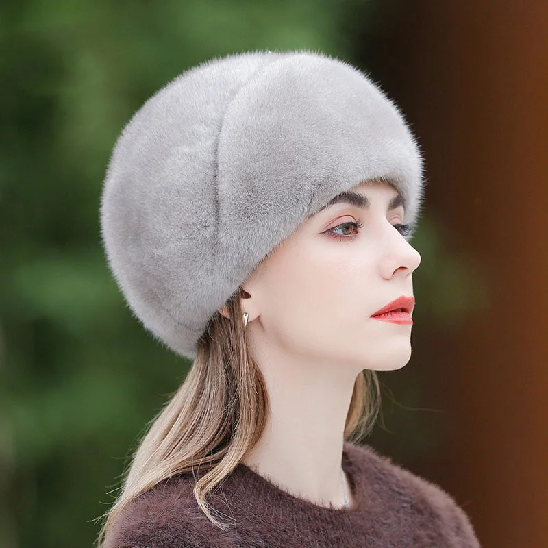 

Russian Winter Women's Beret 100% Mink Hair Outdoor Warmth Sun Hat Large Size Casual Fisherman Hat Birthday Gift