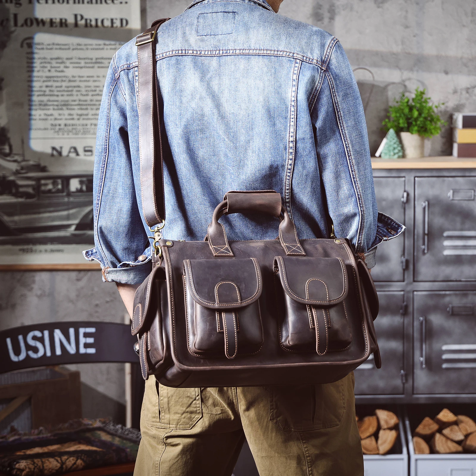 S.WORKER Vintage Echtleder Herren-Aktentasche 14" Laptop-Tasche Crazy Horse Leder Messenger-Handtasche Rindsleder Geschenkidee für Männer – Detail 2