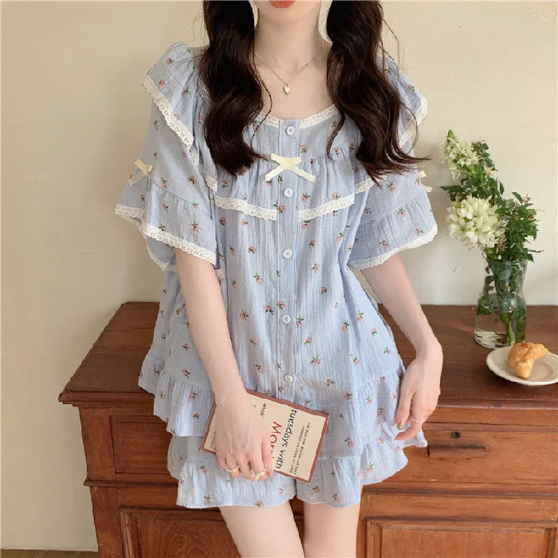 Summer Ladies Pajamas Loungewear Set Princess Style Sweet Lace Small Floral Short Sleeve Shorts Loose Plus Size Loungewear