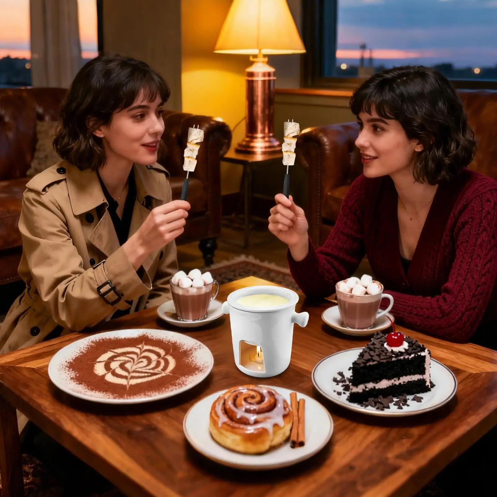 

Сладкая чашка для фондю, 300 мл, керамический горшок для сыра с 4 вилками, мини-набор для фондю для сыра, масла, десерта, вечеринки, свидания, ночного дня рождения