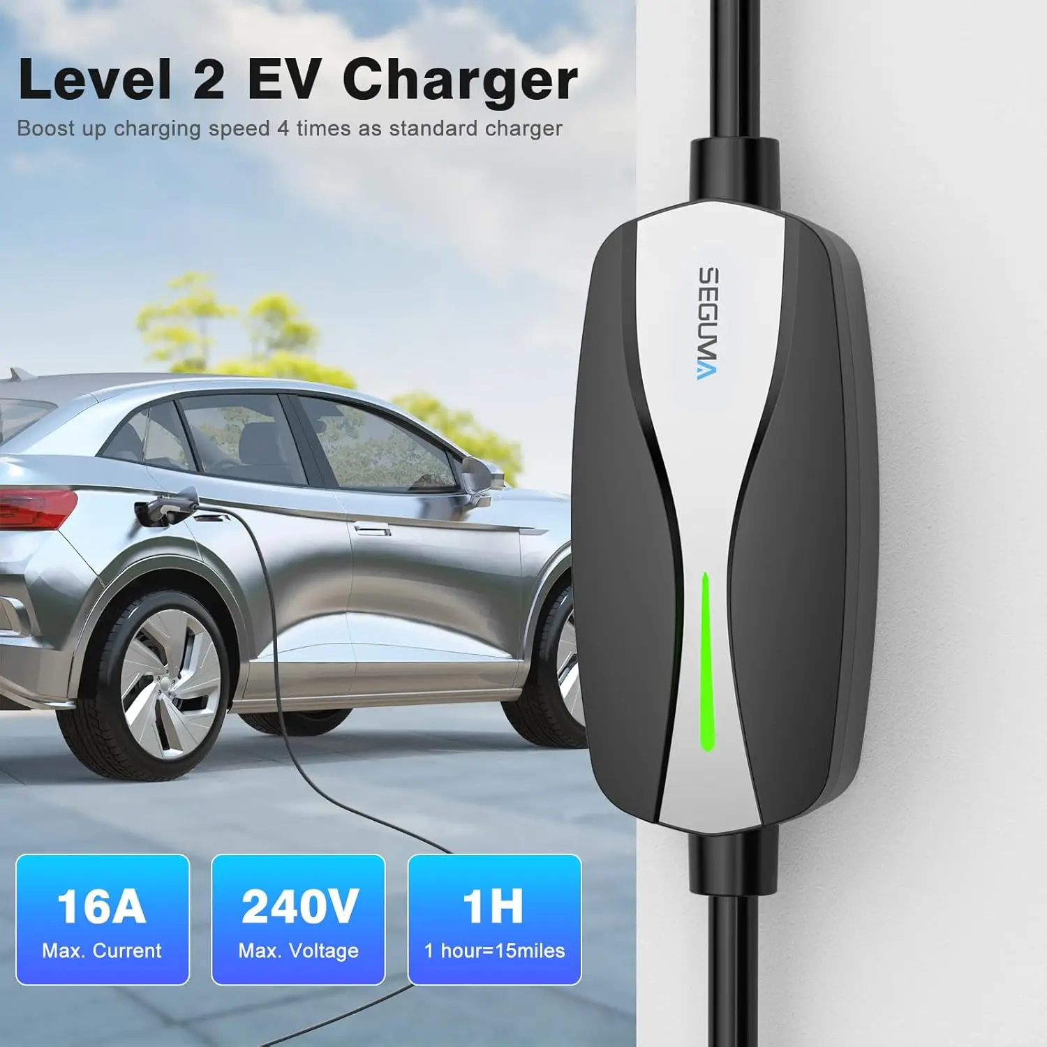 1/2 EV Charger, 16Amp Electric Car Charger Portable EV Charger 25FT Cable with NEMA 6-20 Plug and NEMA 5-15 Adapter, Home Mobile