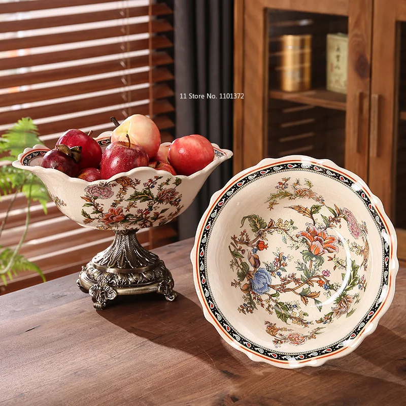 Vintage Ceramic Fruit Tray Living Room Household High Footed Fruit Snack Plate Creative Ornaments   Ceramic Plate