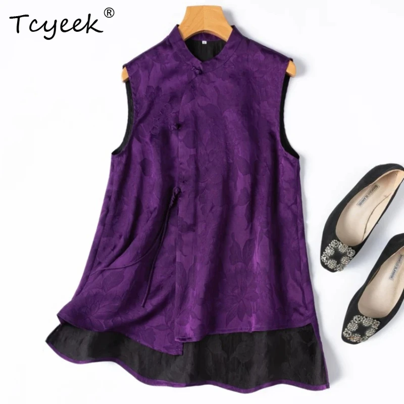 

Tcyeek 100% Real Silk Women Shirts 2026 Spring Summer Retro Breathable Chinese-style Sleeveless Top Ladies Clothes Tops De Mujer
