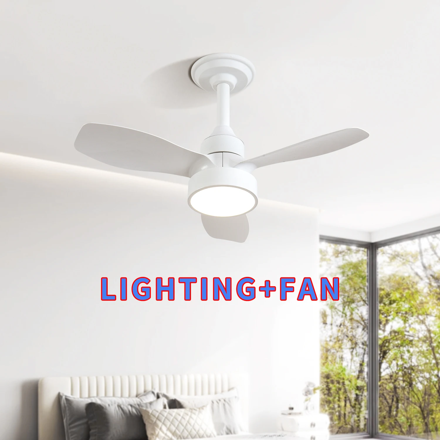 24インチ-ホワイト-シーリングファン-ライト付き、リモコン調光、3段階風速、モダン照明、シンプルな寝室と書斎用シーリングファン
