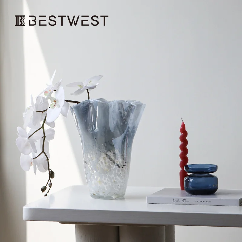 Light Blue Gradient Polka Dot Handmade Hydroponic Cabbage Glass Vase Home Decoration Flower Set