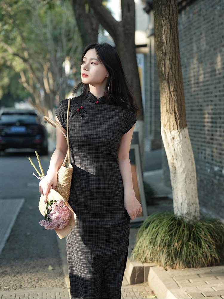 

Новый китайский Sle Retro Bla Plaid Student носимый низкий разрез ort Sve Long Qipao Daily Faion 2025 Новое поступление