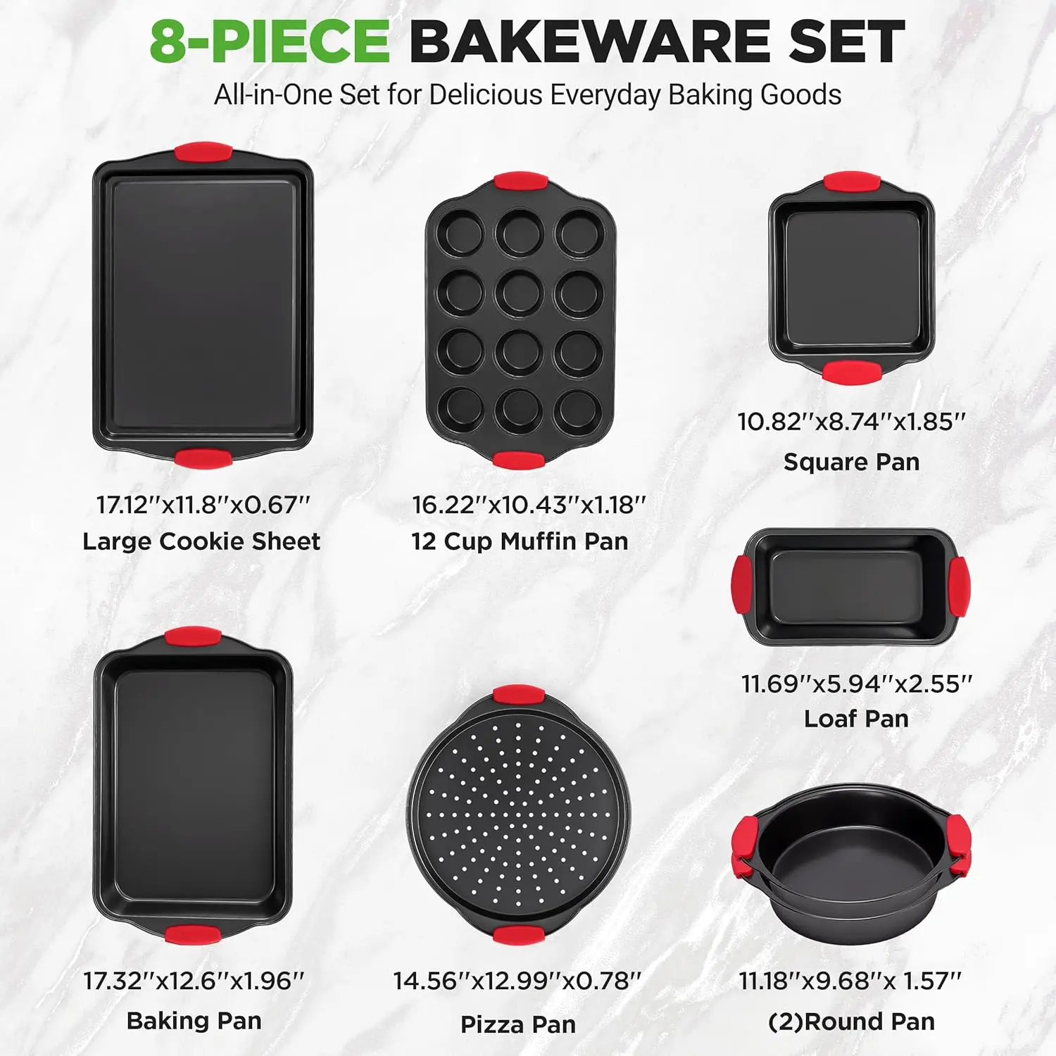 Non-Stick Oven Baking Pans Set, Gray Coating Inside & Outside with Red Silicone Handles, 8-Piece Commercial Grade Bakeware