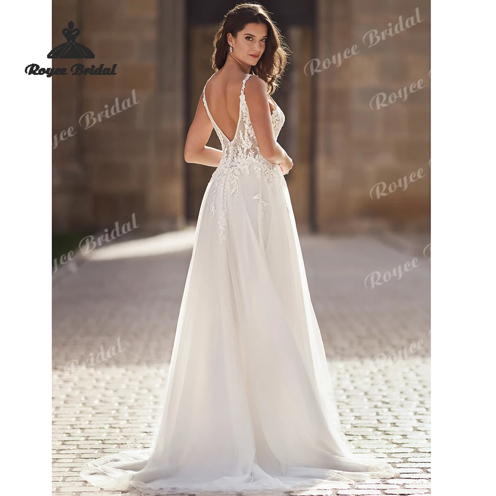 Elegant Deep V Neck A Line Wedding Dresses 2027 Flowers Lace Appliqué Backless Bridal Gown Customized Vestido De Novia