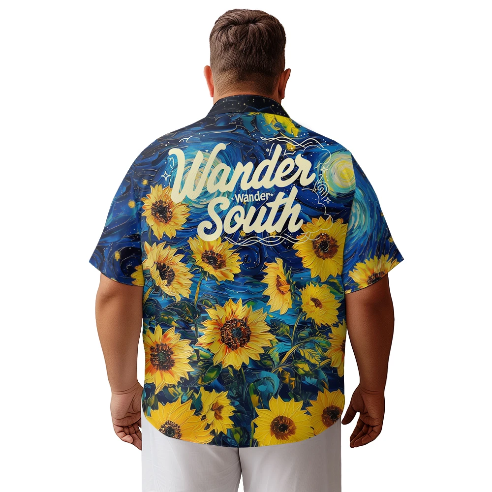 2024 new  Men's shirts plus size Starry sky oil painting Sunflower garden printed clothing casual short-sleeved