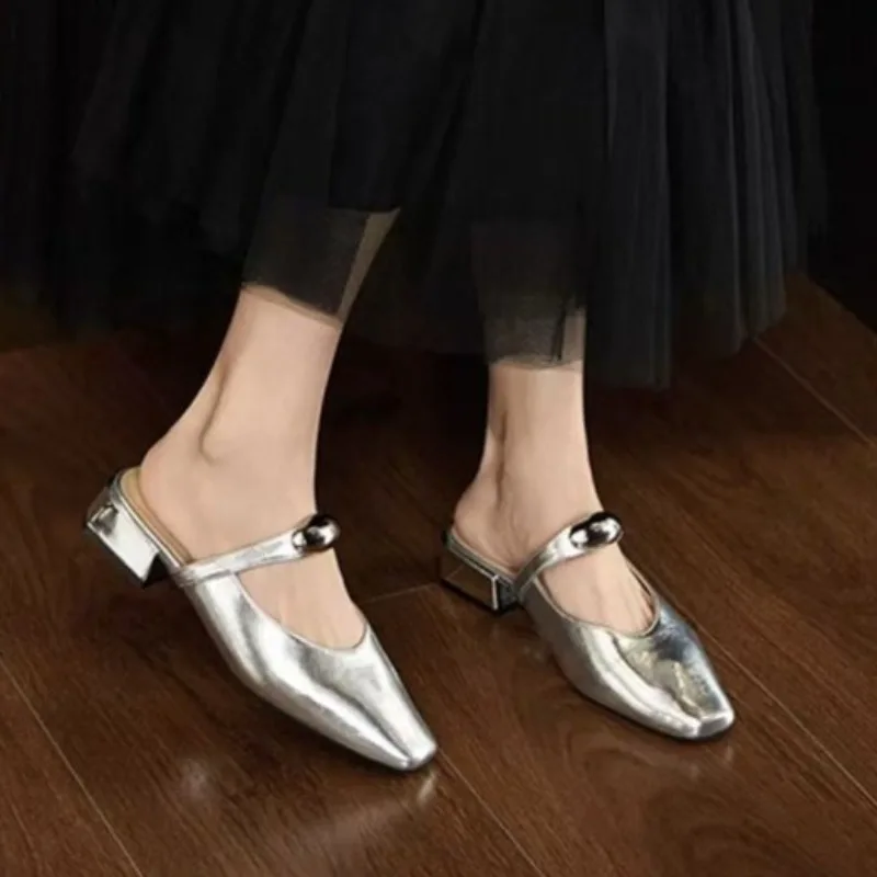 

Summer Square Toe Wrapped Toe Sandals for Women Outside Wear Metal Buckle Soft Slip Non-slip Block Heel Half Slippers