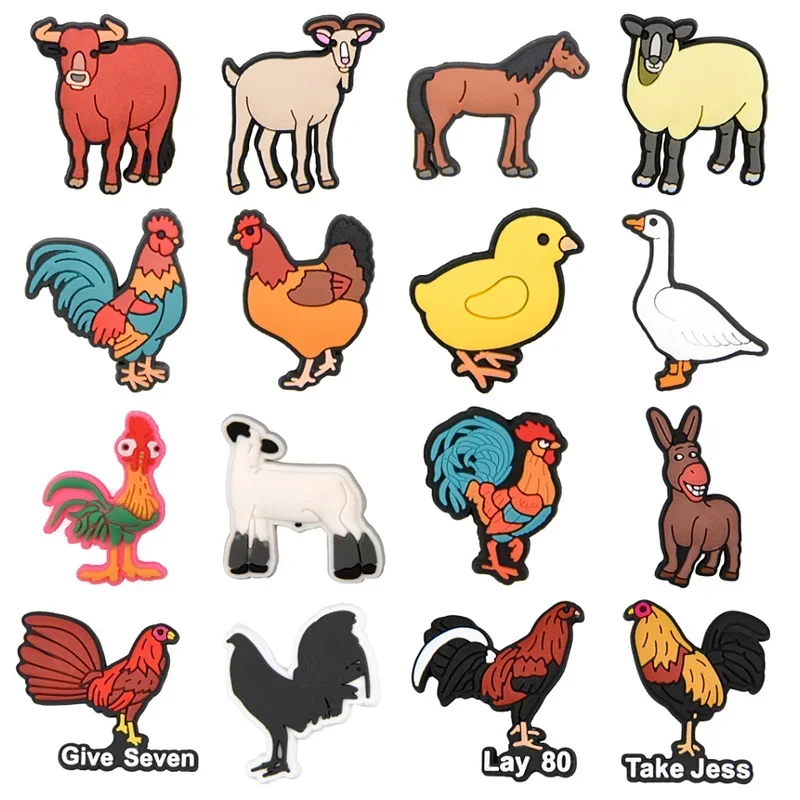 1pcs Poultry Farm Animals for Croc Charms Cute Chicken Duck Pig Dog Horse Donkey Bull Shoes Wristband Girls Boys Kids DIY Gift