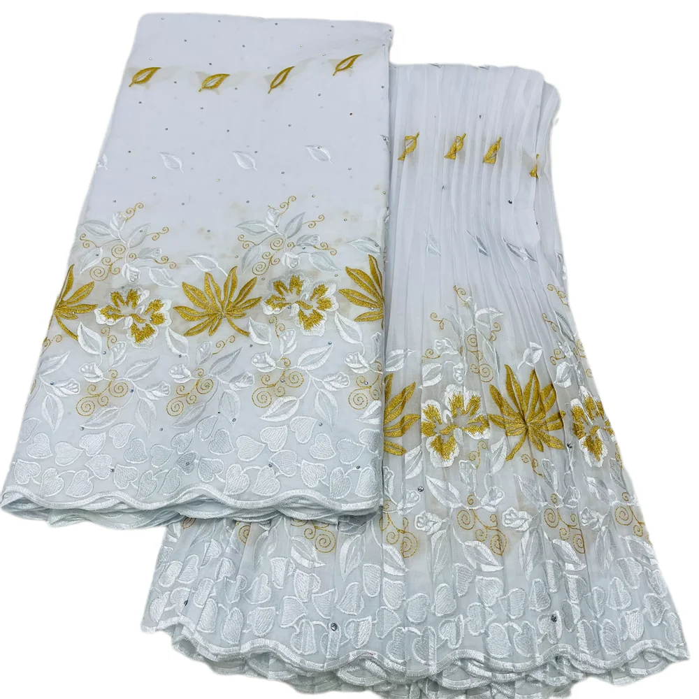 Oro blanco 5 + 5 Y gasa suiza piedras de encaje seco tela bordado africano 100% algodón plegable Popular estilo Dubai para Material de fiesta