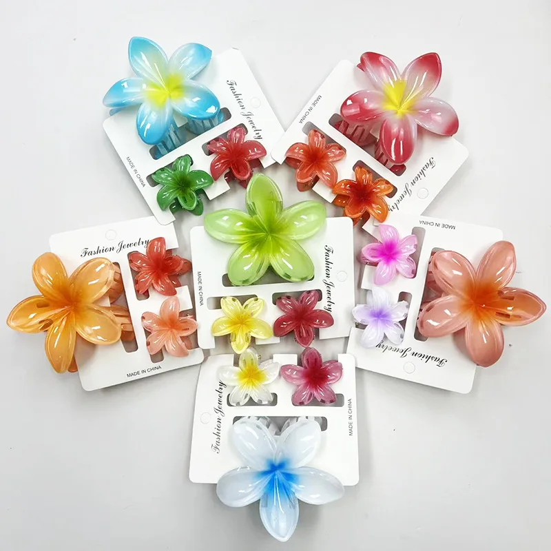 3Pcs Sweet Hawaiian Gradient Color Flower Hair Clip Claw Ponytail Clip Headwear Hairpin Crab Barrette Hair Accessories For Women