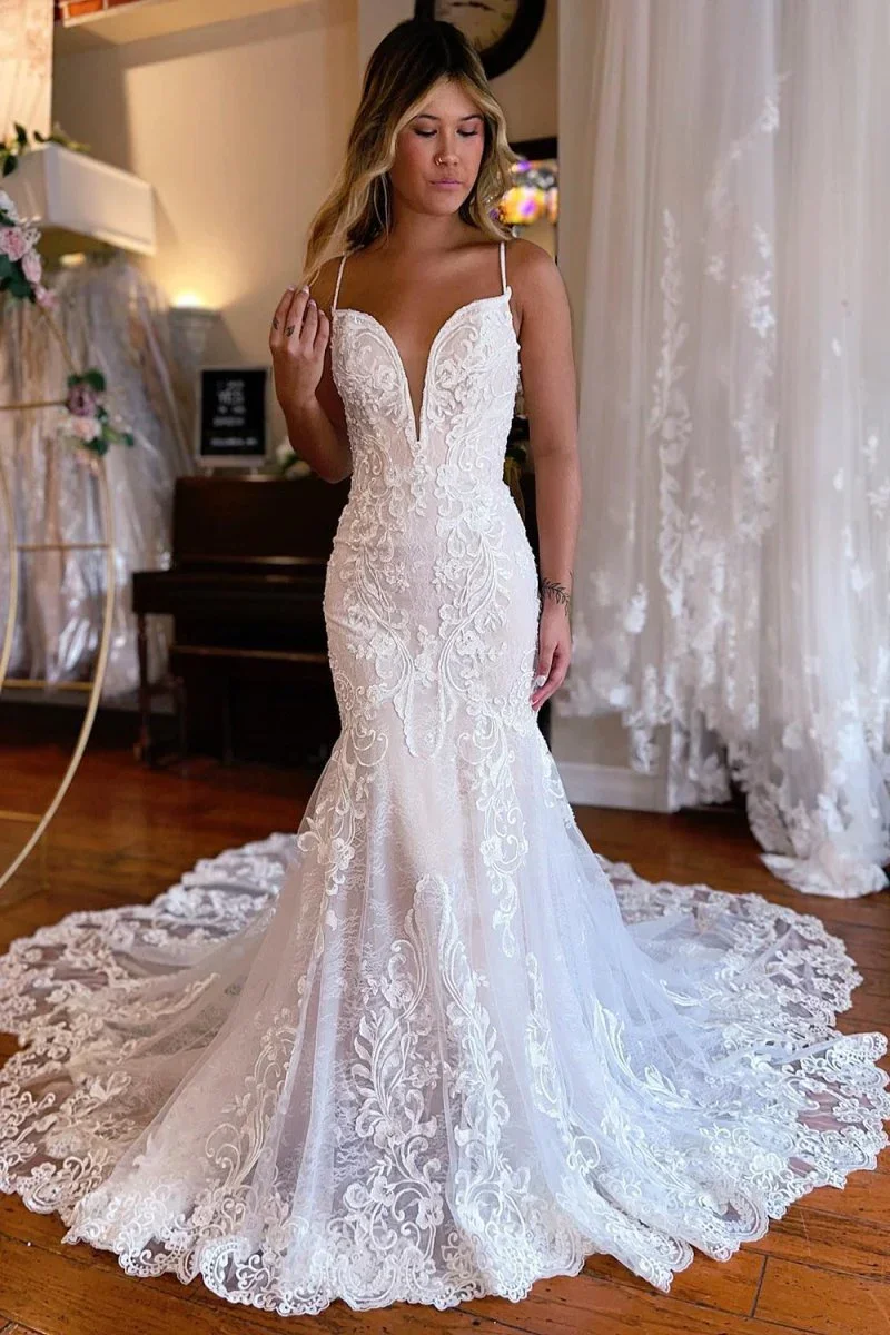 

Custom Aliza Avery Mermaid Silhouette V-Neck Long Train Gown with Lace Appliques And Side Slits - Shoulder Strap Wedding Dress