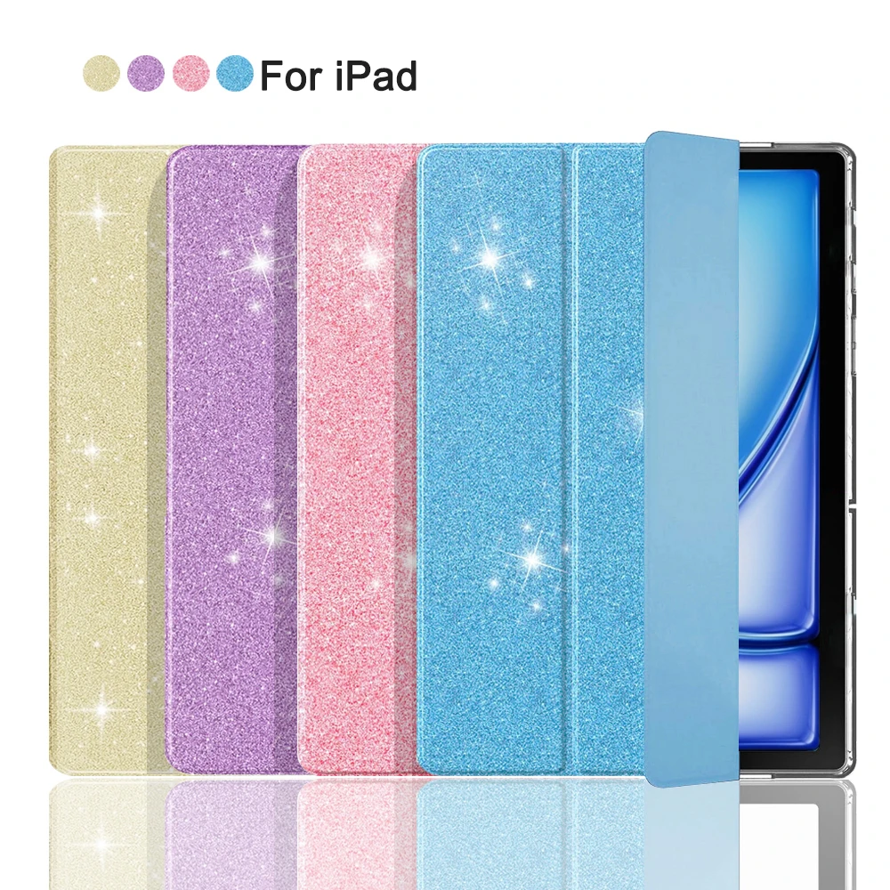 Clear Glitter Tablet Case For iPad Air 1 2 3 4 5 6 11 2024 10.2 7/8/ 9th 10th Tri-Fold Flip Stand Cover For iPad Pro 11 Mini 5 6