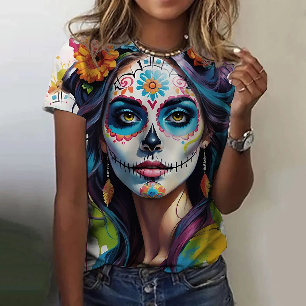 3D Flower Mexican Skull Makeup Print Summer Women's T-shirt Round Neck Short Sleeve Street Cool Tops Women's Casual Tops