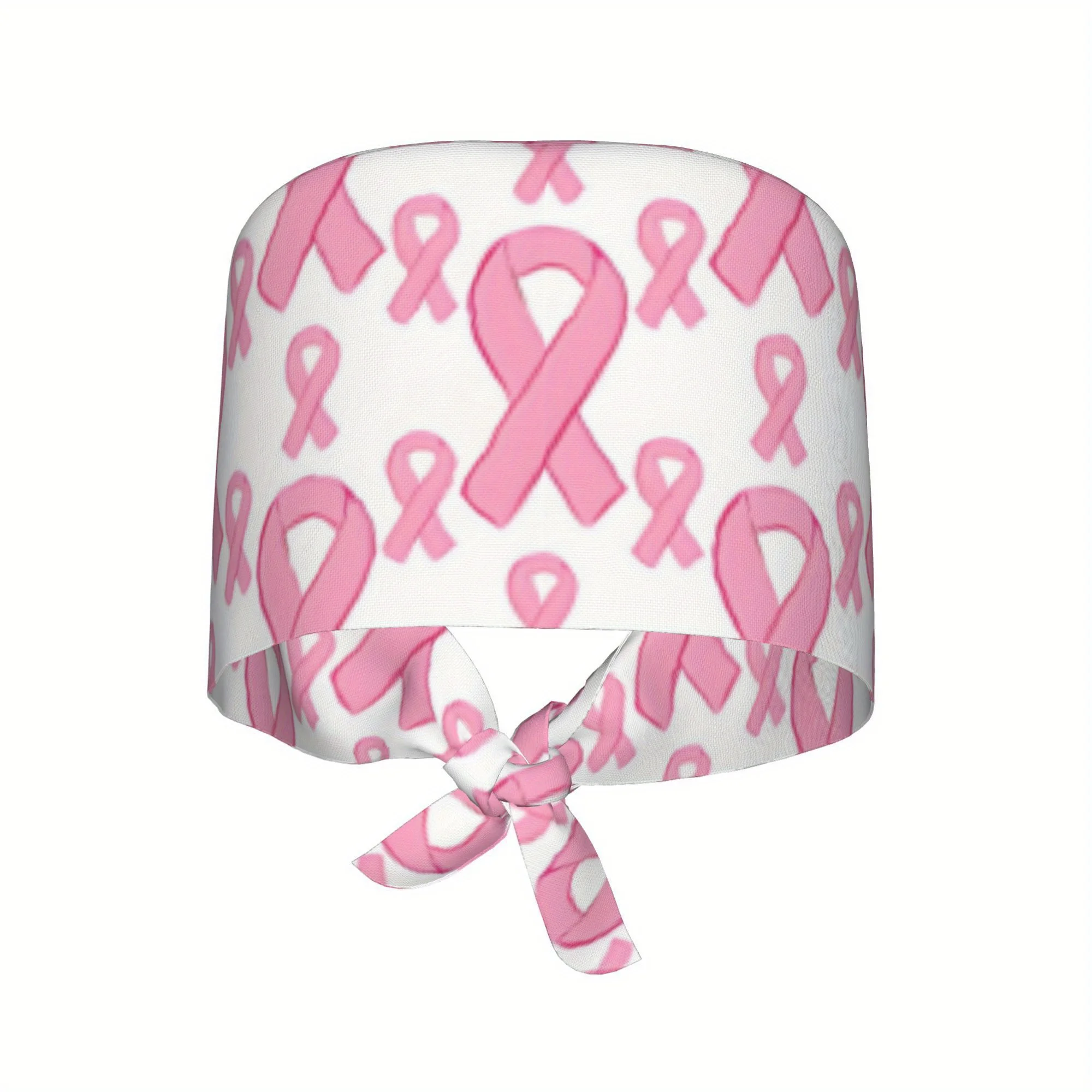 Pink Ribbon Breast Cancer Awareness Print Scrub Cap White Base Hope Symbol Pattern Hat Adjustable Tie-back Medical