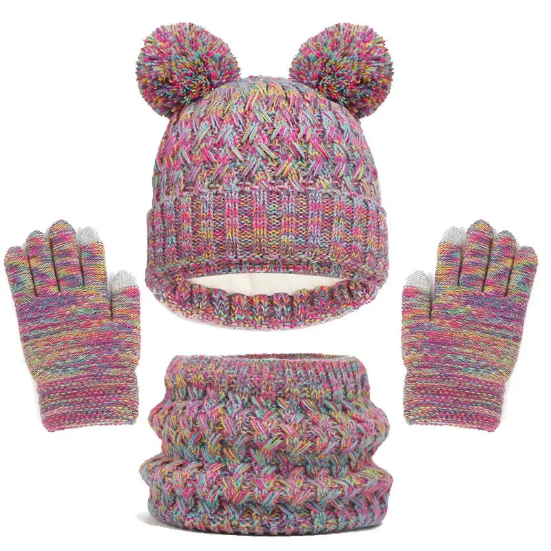 Knitted Baby Winter Hat 3pc Set Warm Scarf Gloves Kid Winter Neck Scarves Beanie Cap For Boy Girls Cute Hat Gloves Suit For Kids