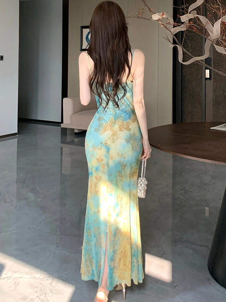 2025 Nuova maglia stampa chic perline fionda vestito sexy estate Boho eleganti abiti casual donna moda coreana aderente vestito da festa