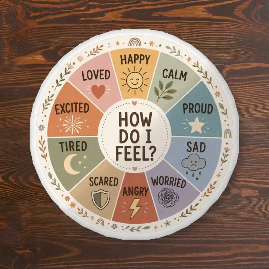 Feelings Wheel Pillow Emotions Chart Round Cushion, Emotional Regulation Visual Aid, Calm Therapist Office Boho Decor