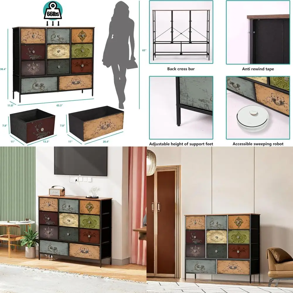 

Комод с 11 ящиками, высокий тканевый комод, вместительная тумба под ТВ, решения для хранения, для детской комнаты