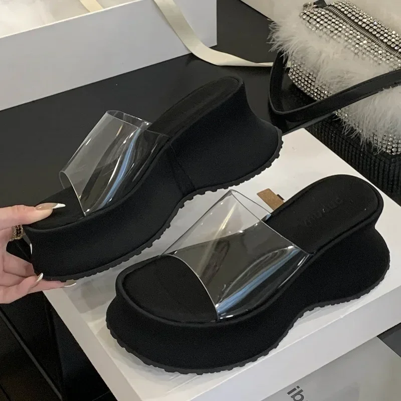 

Aneikeh/2026, летние модные пикантные женские шлепанцы на высоком каблуке с открытым носком и прозрачной платформой из ПВХ, вечерние шлепанцы для банкета и вечеринки