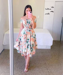 Women's Floral Print Dress, Butterfly Pink, Short Sleeve, Flower Slash Neck, Sexy Boho Elegant Casual Dresses, Summer, 2025