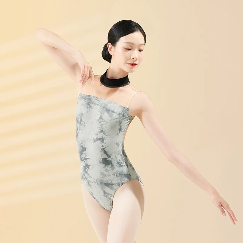 Women Ballet Leotards Turtleneck Sleeveless Ink Printing Dance Leotard Adult Girls Skate Pole Dancing Bodysuit Backless Swimwear