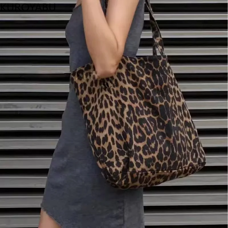 Chic Leopard Pattern Tote Bag Vintage Canvas Y2k Shoulder Bag Women Large Capacity Handbag for School Work Shopping Bolsa Mujer