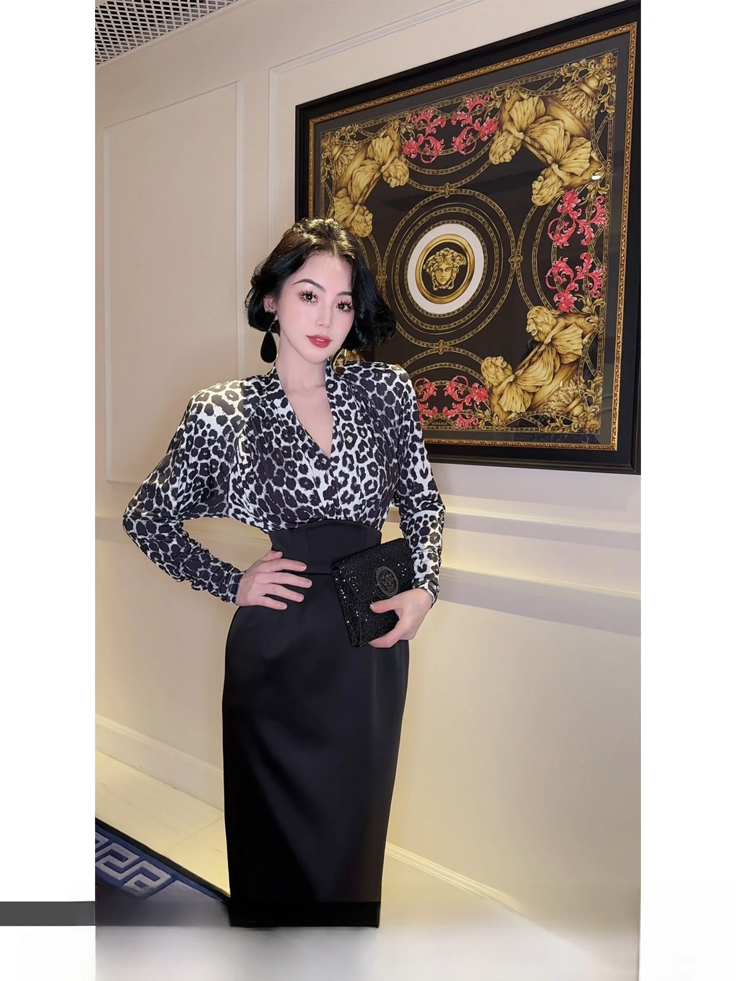 

Женский комбинезон LYXJ Manhattan Rhapsody, длинный рукав, леопардовый принт, облегающий крой, весна 2026, французский стиль, комфортный, полиэстер...