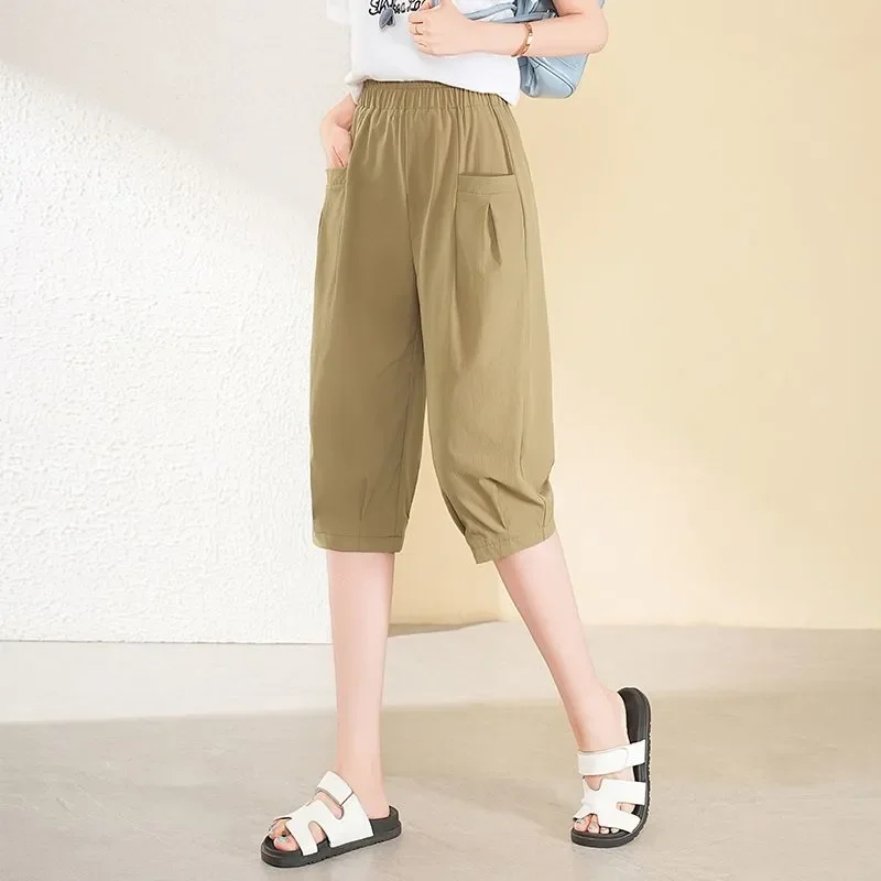 

Women Summer Thin Quick Dry Harem Capri Pants Elastic High Waist Loose Lantern Trousers With Pockets Daily Casual