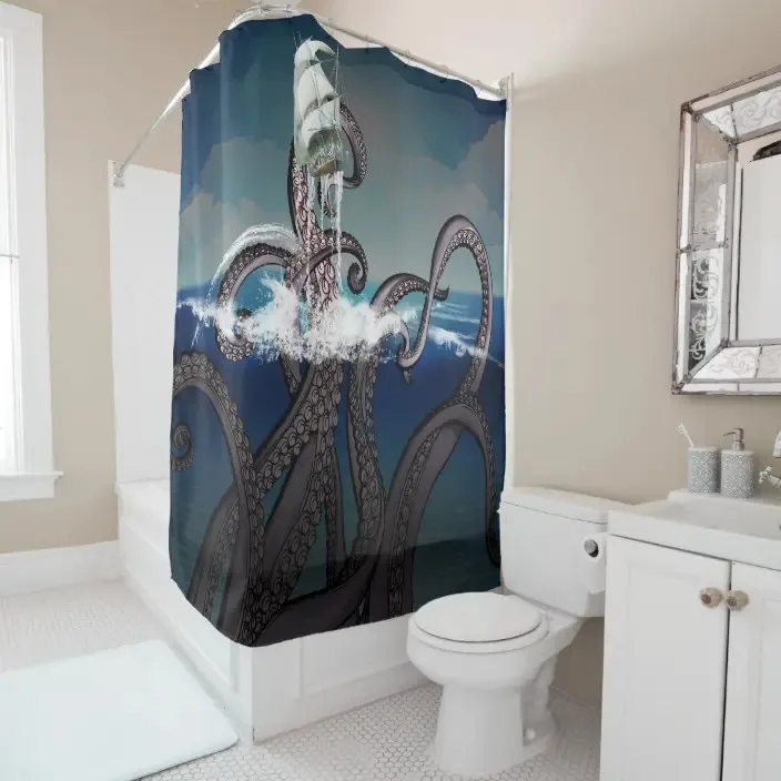 Vintage Ocean Octopus Kraken and Sailboat Illustration Shower Curtain Bathroom Curtain Hook Decorative Bathroom Curtain