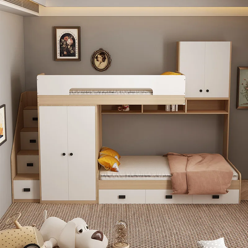 Staggered upper and lower beds Small apartment children's high and low beds Multifunctional upper and lower bunk child and mothe