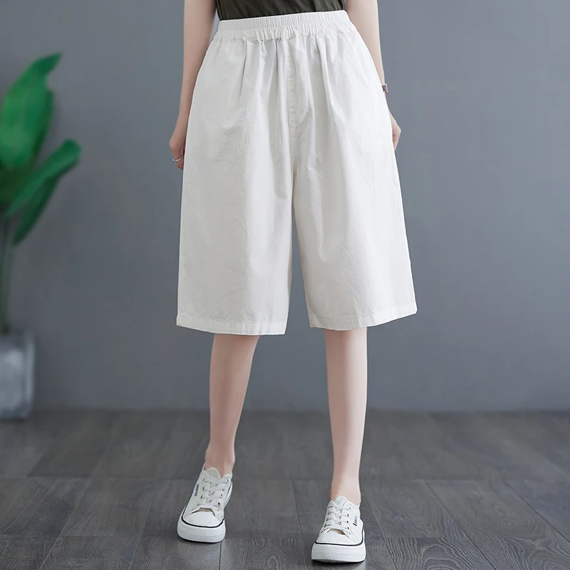 Pantalon ample en coton et lin pour femmes, jambes larges, mode d'été, grande taille, artistique, taille élastique, décontracté, polyvalent, amincissant, cinq points