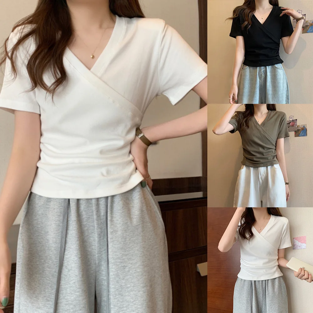 Short Sleeve Cross V Neck T Shirt for Women Featuring Slight Stretch Fabric and Solid Color for Summer Casual Use