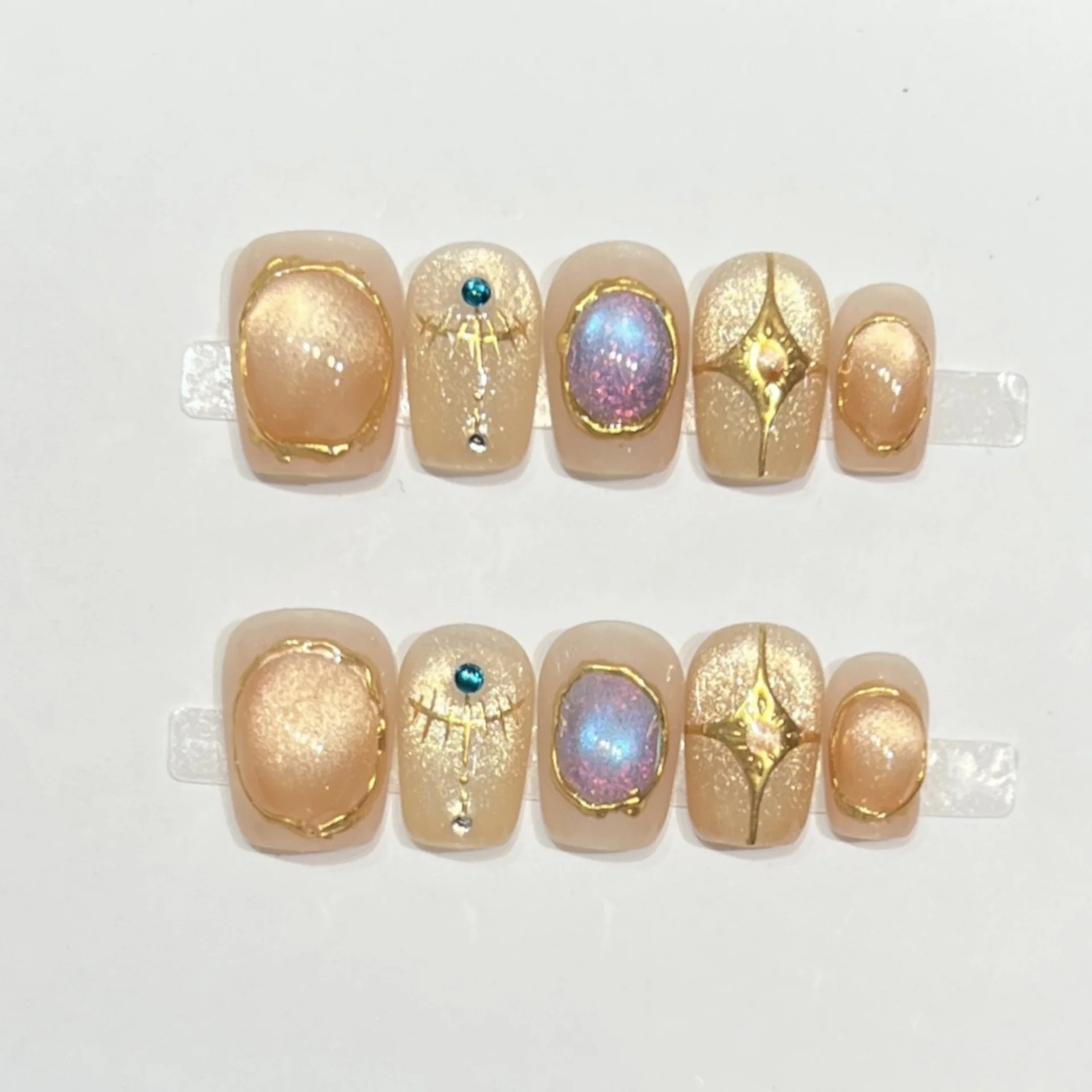 

10pcs Cat's Eye Handmade False Nails Rhinestone Brown Fake Nail Square Ballet Press on Nails Tips Lines Design Full Cover Nail