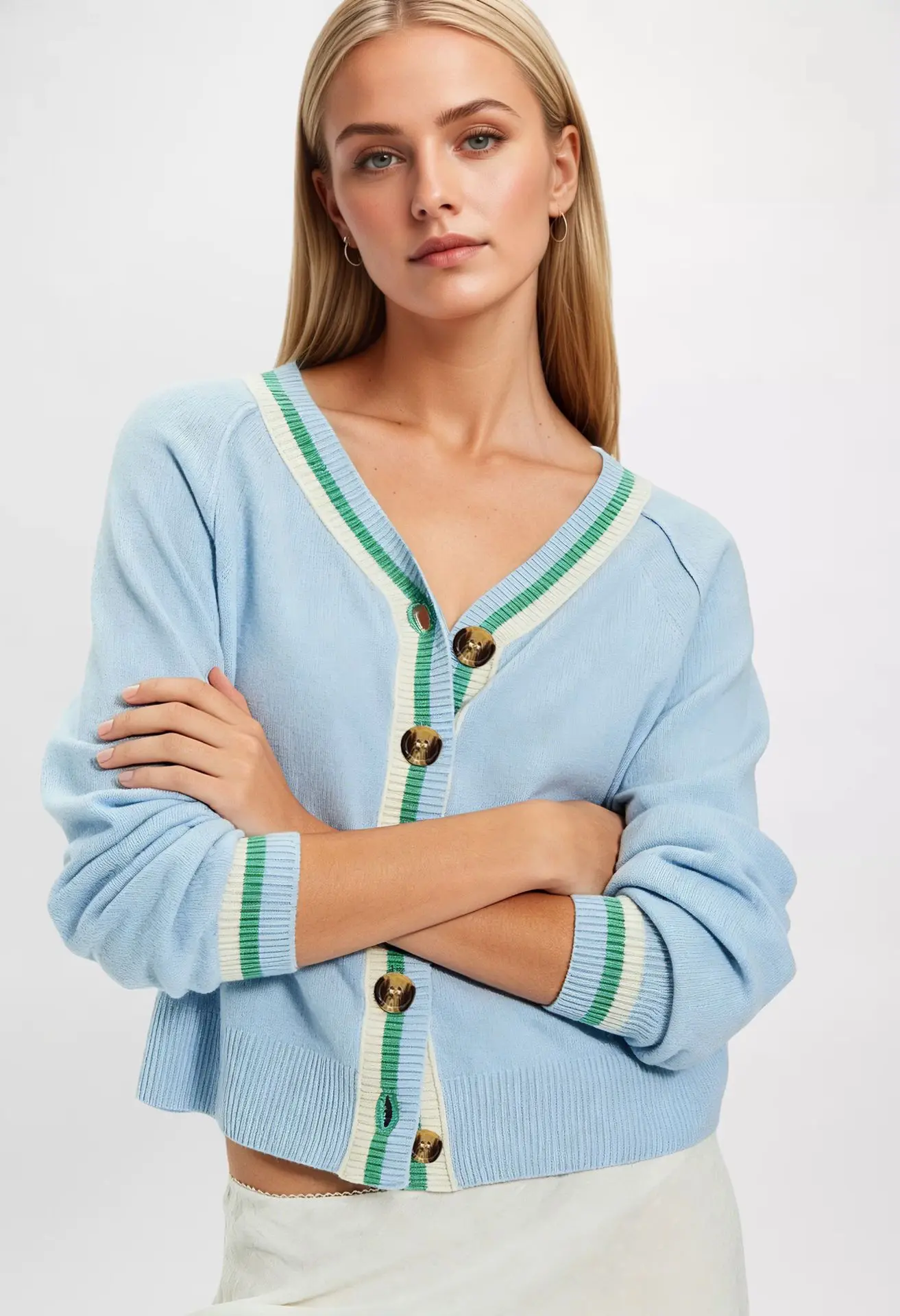 Women V Neck Striped Knit Cardigan Long Sleeve Button Crop Knit Jacket Vintage Casual Office Autumn Daily Loose Short Outerwear