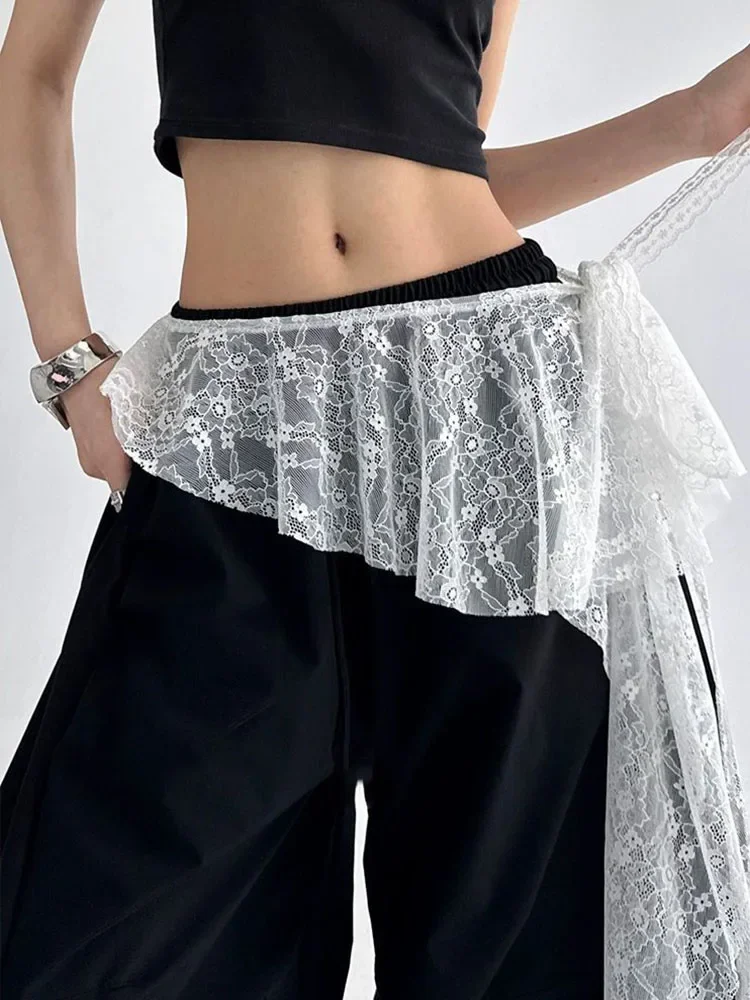 

Jeans Pants Decor Embroidered Flower Lace Mini Skirt Irregular See Through Ruched Skirts High Waist Harajuku Pleated Skirts