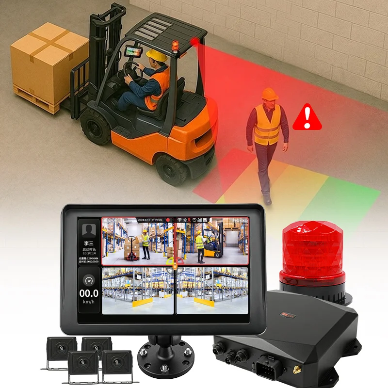4 Cameras AI Forklift Pedestrian Detection Safety System 7 Inch Monitor Blind Spot Warning System for Warehouse