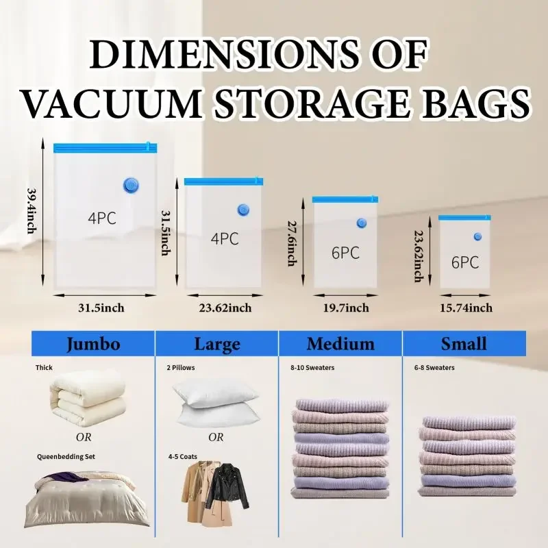 7Sizes Reusable Vacuum Bags or Electric/Hand Pump Vacuum Compression Sealer Bag Mini Vacuum Sealer Machine for Clothes Organizer