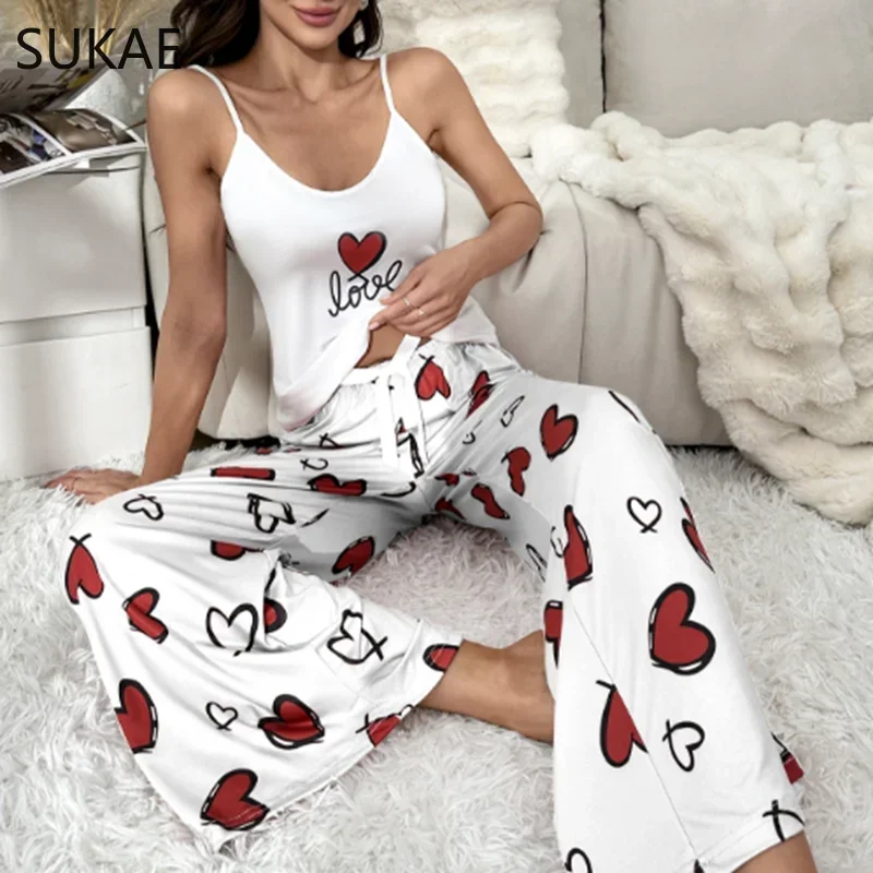 Black Bear Printing Soft Milk Silk Pajamas Women Sexy Sling Sleepwear Wide-legs Pajamas Pijamas for Girl Casual Woman Nightwear